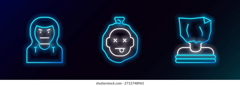 Establecer línea Secuestro, máscara de ladrón e icono de asesinato. Brillante neón. Vector