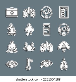 Set line Kidney beans, Bee, Man with excessive sweating, Inflammation on face, Runny nose, First aid kit and Medicine bottle and pills icon. Vector