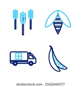 Set line Kidney beans, Emergency car, Bee and Wheat icon. Vector