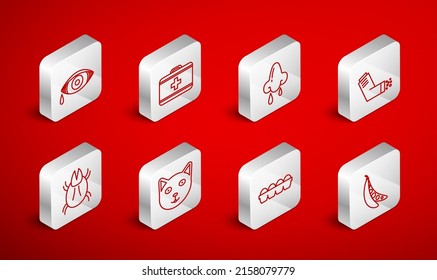 Set line Kidney beans, First aid kit, Runny nose, Inhaler, Chicken egg in box, Reddish eye allergic conjunctivitis, Pet and Parasite mite icon. Vector