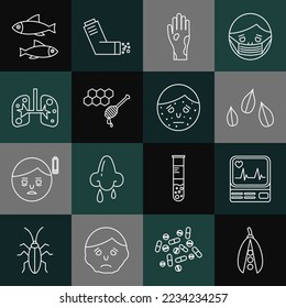 Set line Kidney beans, Monitor with cardiogram, Sesame seeds, Hand psoriasis eczema, Honeycomb honey dipper, Lungs, Fish and Face icon. Vector