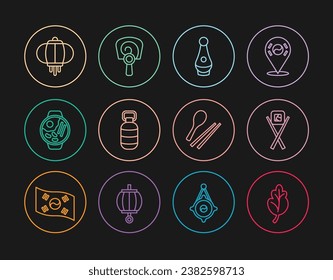 Set line Kimchi, Sushi with chopsticks, Soju bottle, Korean lantern, Ramen, Food and hand fan icon. Vector