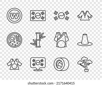 Set line Kimono, Bonsai tree, South Korea flag, Location, Korean won coin, Bamboo, Sushi and hat icon. Vector