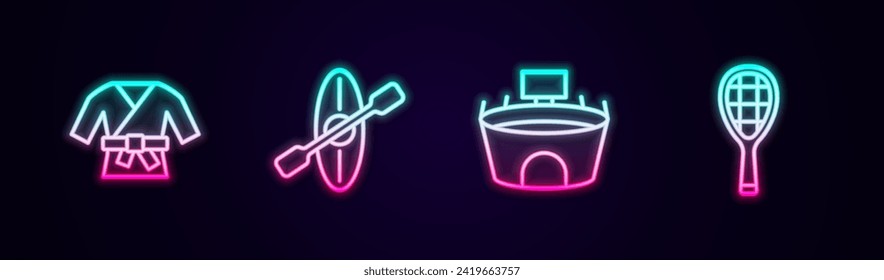 Set line Kimono, Kayak and paddle, Stadium and Tennis racket. Glowing neon icon. Vector
