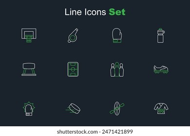 Set line Kimono, Kayak and paddle, Hockey puck, Punch in boxing gloves, Football shoes, Bowling pin, field and Pommel horse icon. Vector