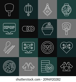 Set line Kimono, Love Korea with heart, Korean hand fan, lantern, Sushi, K-pop,  and Ramen icon. Vector