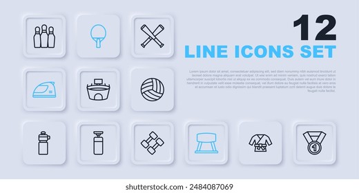 Set line Kimono, Medal, Stadium, Pommel horse, Racing helmet, Punching bag, Racket and Dumbbell icon. Vector