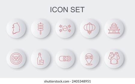 Set line Kimono, South Korean won coin, flag, Location, map, food tokpokki, Soju bottle and Sushi icon. Vector