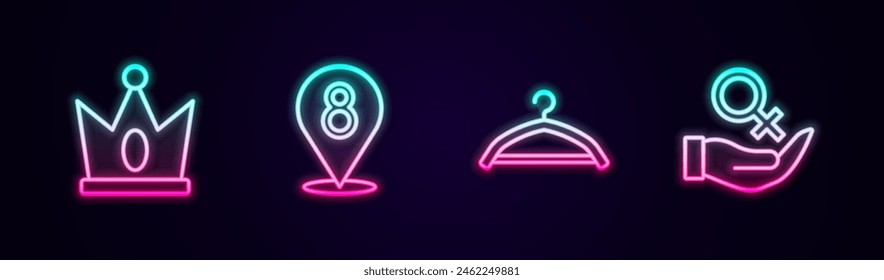 Set line King crown, 8 March, Hanger wardrobe and Female gender symbol. Glowing neon icon. Vector