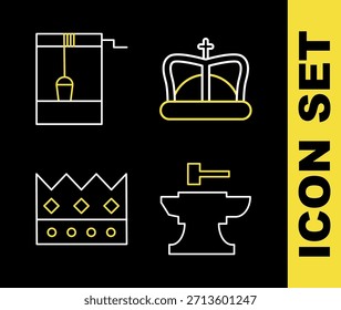 Corona del rey de la línea del sistema, yunque para el martillo herrero, y bien con el icono del cubo. Vector