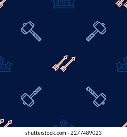 Set line King crown, Battle hammer and Medieval arrows on seamless pattern. Vector