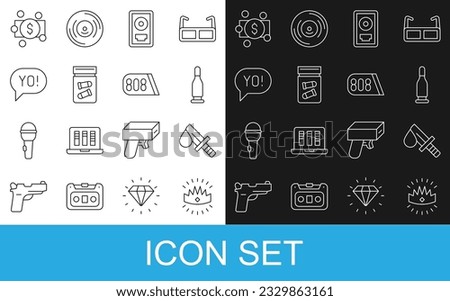 Set line King crown, Bloody knife, Bullet, CD disk award frame, Evidence bag with bullet, Yo slang lettering, Stacks paper money cash and Drum machine music icon. Vector