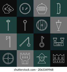 Set line King crown, Castle, Medieval flag, iron helmet, chained mace ball,  and Round wooden shield icon. Vector