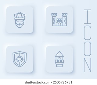 Fila King con corona, castillo, escudo y torre. Botón cuadrado blanco. Vector