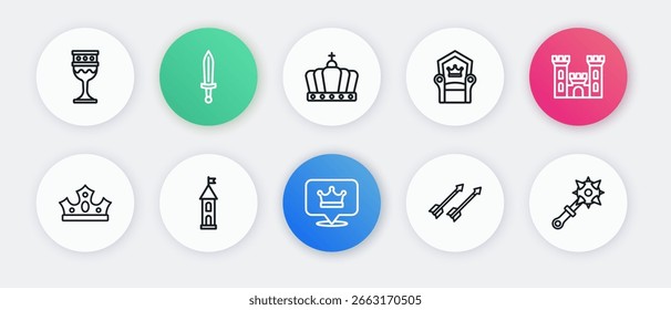Set line King crown, Castle, Medieval arrows, throne, Mace with spikes and tower icon. Vector