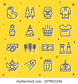 Set line King Kronen, Schach, UdSSR t-Shirt, Joseph Stalin, The Zar Glocke, Russische Puppe Matryoshka, Valenki und Sauna Eimer Symbol. Vektorgrafik
