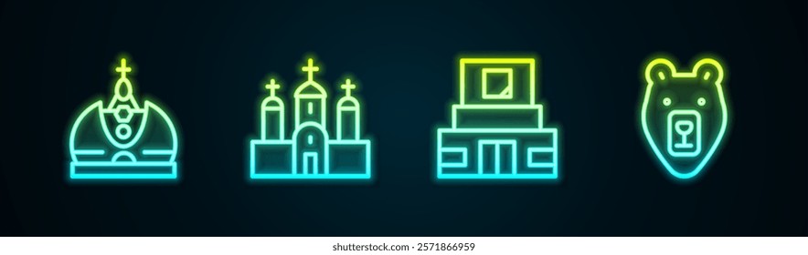 Set line King crown, Church building, Mausoleum of Lenin and Bear head. Glowing neon icon. Vector