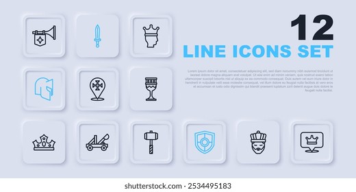Fije la línea King con la corona, la cruzada, el escudo, el casco medieval, la catapulta, la espada y el icono del martillo de batalla. Vector