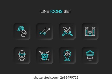 Set line King with crown, Crusade, Shield swords, Medieval helmet, Castle, Crossed medieval, arrows and  icon. Vector