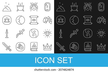 Set line King crown, Diamond, Magic stone, Spider, Moon, Air element, powder and Ancient magic scroll icon. Vector