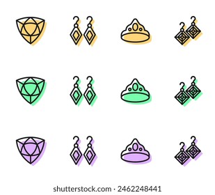 Corona de rey, diamante, pendientes e icono. Vector