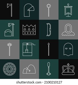 Fijar la línea Corona Rey, Máscara de verdugo, Cubierta medieval, bola de encaje encadenada, bloque de árbol de hacha e icono de arco. Vector