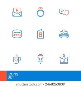 Set line King crown, Female gender symbol, Coffee cup and heart, Bedroom, Gift box, Greeting card with 8 March, Heart speech bubble and Diamond engagement ring icon. Vector