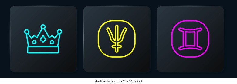 Set line King crown, Gemini zodiac and Neptune planet. Black square button. Vector