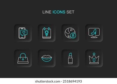 Set line King crown, Lipstick, Smiling lips, Handbag, Woman shoe, International Women Day, Calendar with 8 March and Mobile heart icon. Vector
