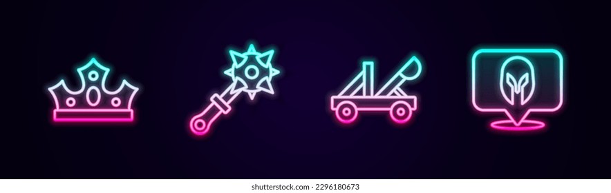 Fijar la corona King, Mace con picos, catapulta medieval y casco. Icono de neón brillante. Vector