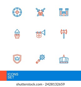 Corona de rey, maza con espigas, escudo, palo medieval, torre del castillo, bandera de trompeta e icono de espada de calavera. Vector