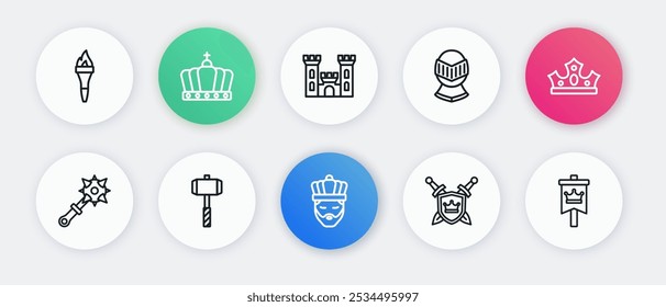 Set line King with crown, Mace spikes, Shield swords, Medieval helmet, Castle, flag and Battle hammer icon. Vector