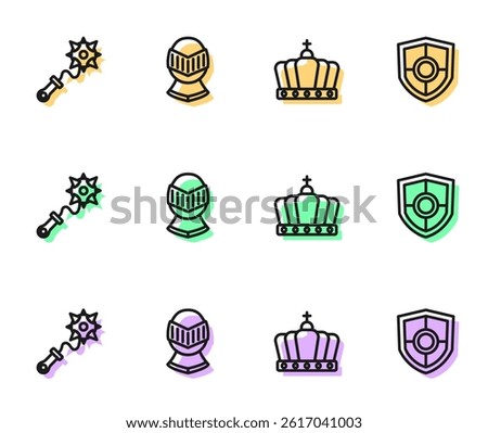 Set line King crown, Mace with spikes, Medieval helmet and Shield icon. Vector