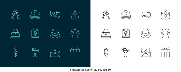 Set line King crown, Martini glass, Handbag, Envelope with 8 March, Calendar, Heart speech bubble, Glass of champagne and Bedroom icon. Vector