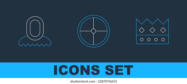 Set line King crown, Medieval hood and Round wooden shield icon. Vector