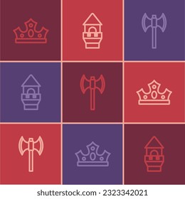 Set line King crown, Medieval poleaxe and Castle tower icon. Vector