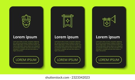 Set line King with crown, Medieval flag and Trumpet. Business infographic template. Vector