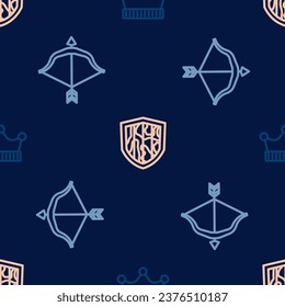 Set line King crown, Medieval bow and arrow and Shield on seamless pattern. Vector
