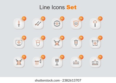 Stell die Linie King Kronen, mittelalterliche Goblet, Trumpet mit Fahne, Schildwirbel, Kreuzzug und Schädel Symbol. Vektorgrafik