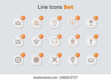 Set line King crown, Medieval flag, Crossed medieval sword, Round wooden shield, Torch flame, Castle tower and helmet icon. Vector