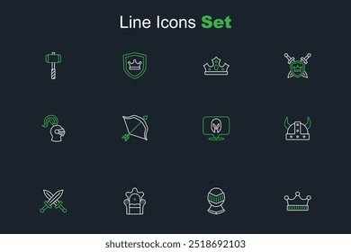 Set-Linie König Krone, Mittelalterlicher Helm, Thron, Kreuzte mittelalterliche Schwert, Wikinger hörte, Bogen und Pfeil und Symbol. Vektorgrafik