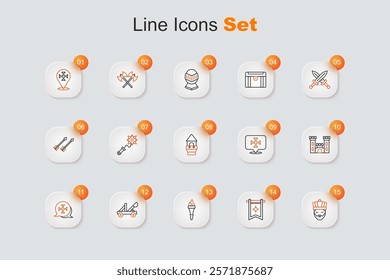 Set line King with crown, Medieval flag, Torch flame, catapult, Crusade, Castle,  and tower icon. Vector