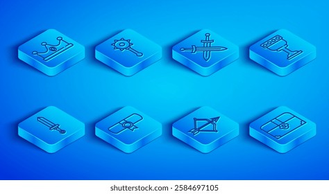 Set line King crown, Medieval chained mace ball, Crossed medieval sword, Decree, parchment, scroll, bow and arrow, goblet,  and Antique treasure chest icon. Vector