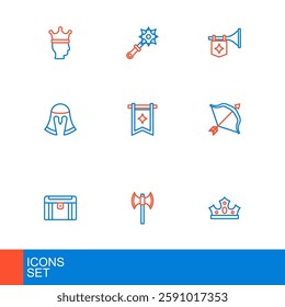 Set line King crown, Medieval poleaxe, Antique treasure chest, bow and arrow, helmet, flag, Trumpet with and Mace spikes icon. Vector