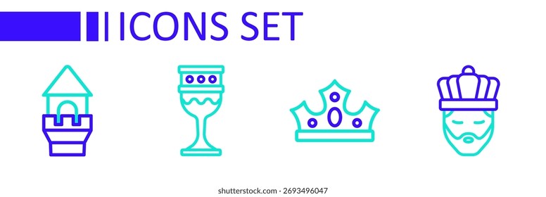 Fije la línea King con la corona, el cáliz medieval y el icono de la torre del castillo. Vector