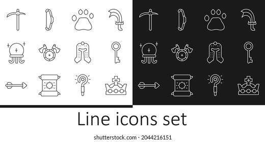 Fijar la línea Corona Rey, Llave antigua, huella de pata de oso, escudo medieval con hacha, bola mágica, Pickaxe, casco y icono de arco. Vector
