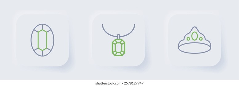 Set line King crown, Pendant on necklace and Gem stone icon. Vector