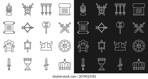 Set line King crown, Round wooden shield, Crossed medieval sword, arrows, Medieval bow and, Decree, parchment, scroll, iron helmet and axe icon. Vector