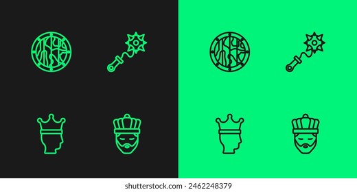Set Linie König mit Krone, Runde Holzschild und Mace Spikes Icon. Vektorgrafik