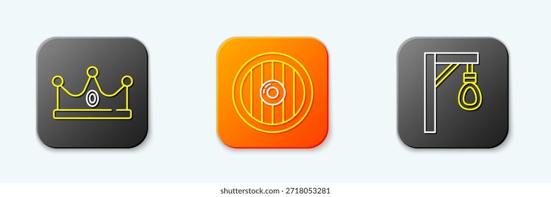 Set line King crown, Round wooden shield and Gallows icon. Vector